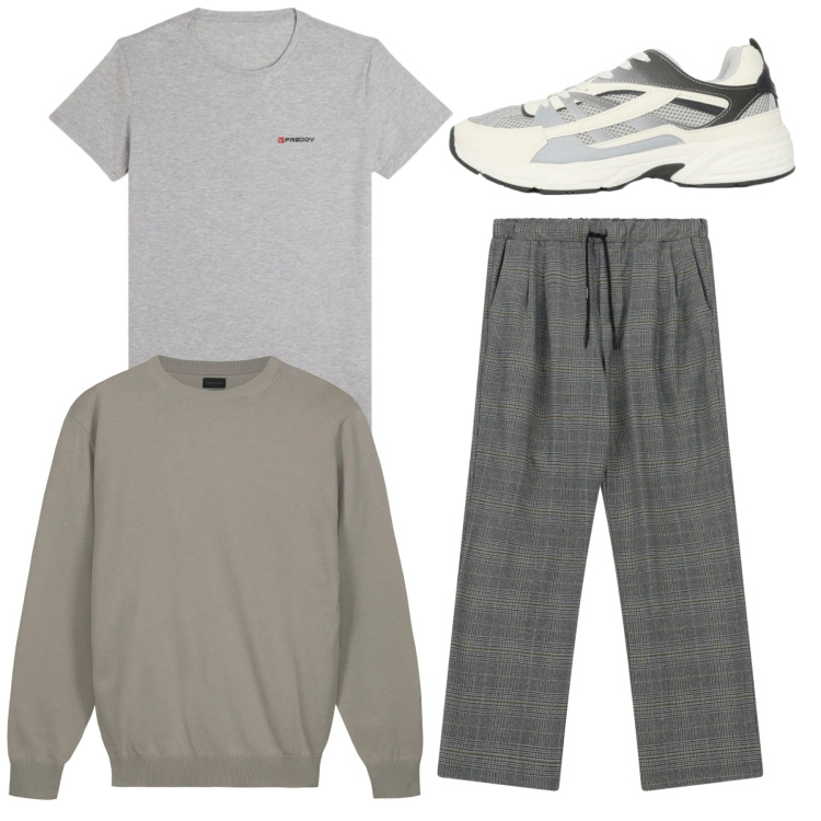 Outfit uomo - Greige city. Stile Casual per Tutti i giorni. Abbinamento con sneakers, pantaloni, t-shirt sportive, maglieria.