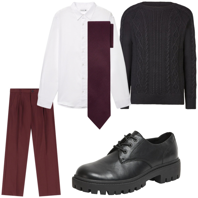 Outfit uomo - In ufficio. Stile Trendy per Tutti i giorni. Abbinamento con scarpe stringate, camicie, pantaloni, cravatte, maglieria.