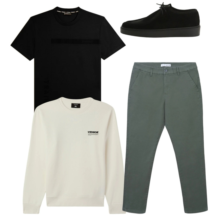 Outfit uomo - Total look. Stile Casual per Tutti i giorni. Abbinamento con scarpe stringate, felpe, pantaloni chino, t-shirt.