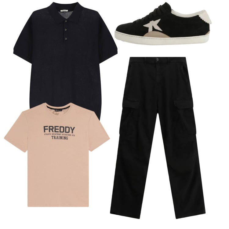Outfit uomo - City. Stile Casual per Tutti i giorni. Abbinamento con polo, pantaloni cargo, sneakers, t-shirt.