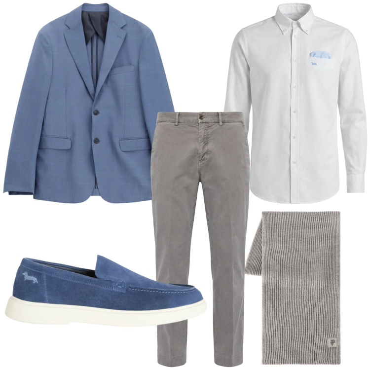 Outfit uomo - Elegante. Stile Trendy per Ufficio. Abbinamento con pantaloni chino, camicie, sneakers, sciarpe, giacche.