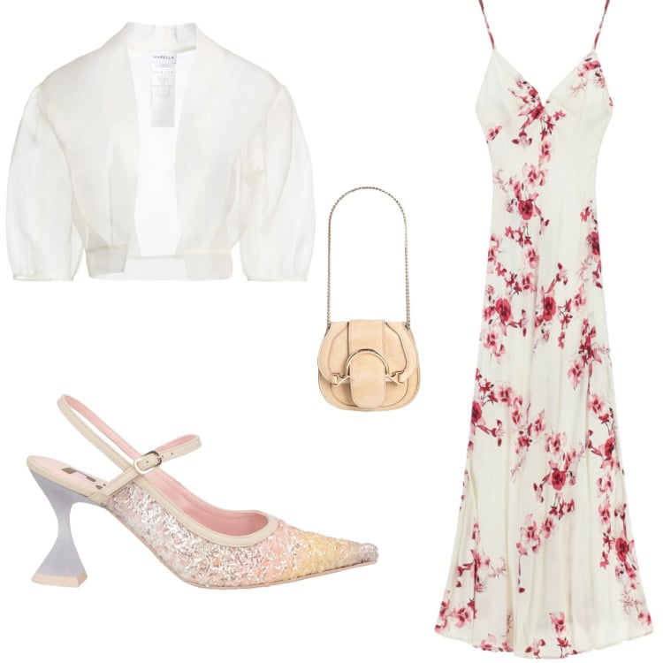 Outfit donna - Tra fiori ed il tulle. Stile Glamour per Cerimonia. Abbinamento con marsupi, blazer, décolleté, vestiti lunghi.