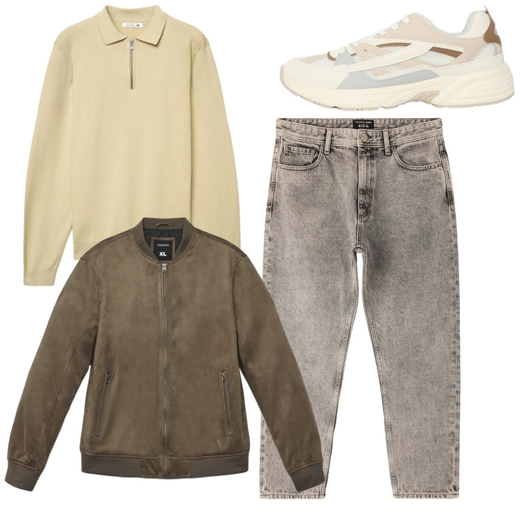Outfit uomo - Toni neutri. Stile Casual per Tutti i giorni. Abbinamento con jeans dritti, giacche, sneakers, maglieria.