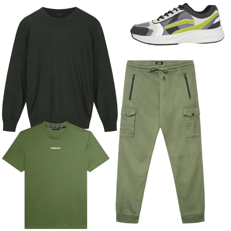 Outfit uomo - Total look. Stile Casual per Tutti i giorni. Abbinamento con pantaloni cargo, sneakers, t-shirt, maglieria.