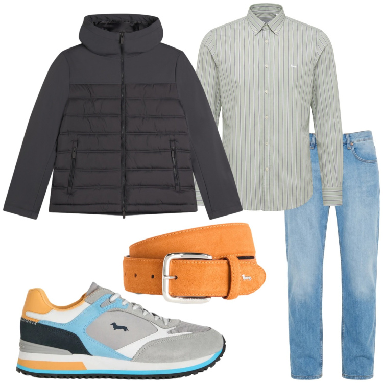 Outfit uomo - Equilibri di colori. Stile Urban per Tutti i giorni. Abbinamento con jeans, sneakers, camicie, cinture, piumini.