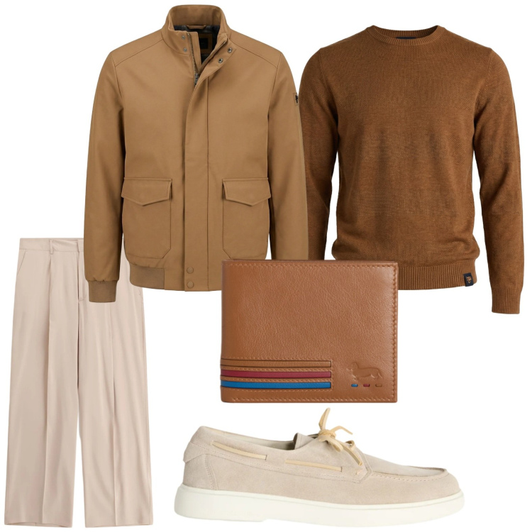 Outfit uomo - Impeccabile. Stile Trendy per Tutti i giorni. Abbinamento con scarpe stringate, maglieria, portafogli, bomber, pantaloni.