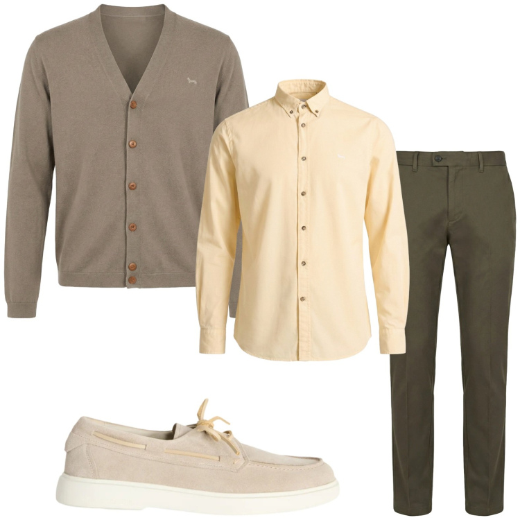 Outfit uomo - Dandy. Stile Trendy per Tutti i giorni. Abbinamento con scarpe stringate, pantaloni chino, cardigans, camicie.