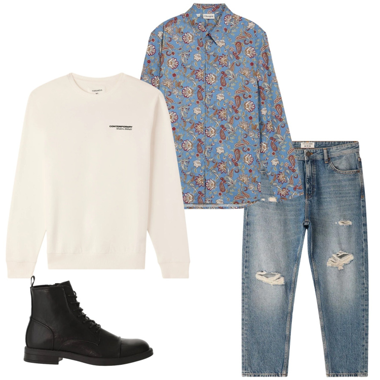 Outfit uomo - Stampe Paisley e Denim Grintoso. Stile Trendy per Tutti i giorni. Abbinamento con camicie, felpe, jeans strappati, anfibi.