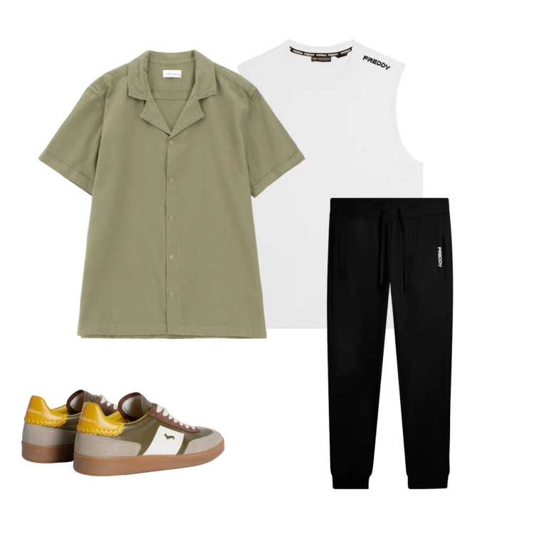 Outfit uomo - Eleganza Utility & Athleisure. Stile Urban per Tutti i giorni. Abbinamento con sneakers, camicie a manica corta, pantaloni, canottiere.