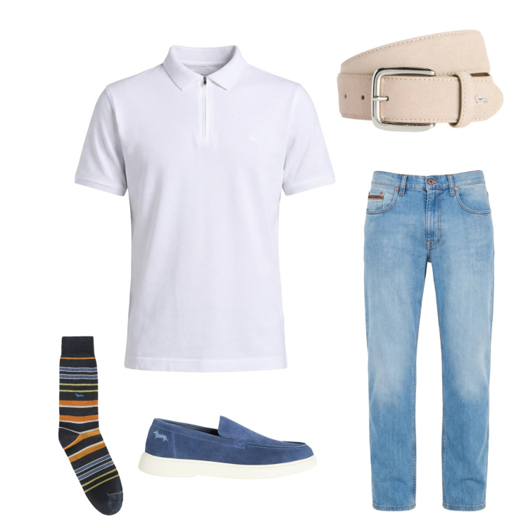 Outfit uomo - Classico Contemporaneo. Stile Urban per Tutti i giorni. Abbinamento con jeans, cinture, calzini, polo, sneakers.