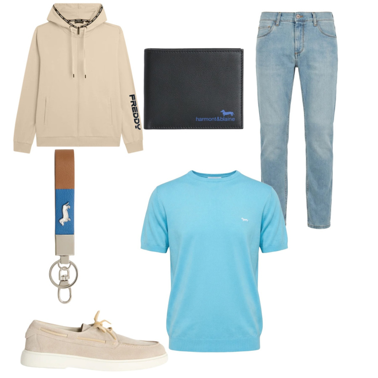 Outfit uomo - Texture Soft & Dettagli Logo. Stile Casual per Tutti i giorni. Abbinamento con t-shirt, jeans slim fit, portachiavi, scarpe stringate, portafogli, felpe con cappuccio.
