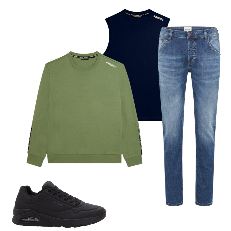 Outfit uomo - Green Tech. Stile Trendy per Tutti i giorni. Abbinamento con sneakers, jeans dritti, canottiere, felpe.