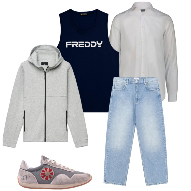 Outfit uomo - Minimalismo e Libertà di Movimento. Stile Trendy per Tutti i giorni. Abbinamento con jeans, felpe con cappuccio, canottiere, camicie, sneakers.