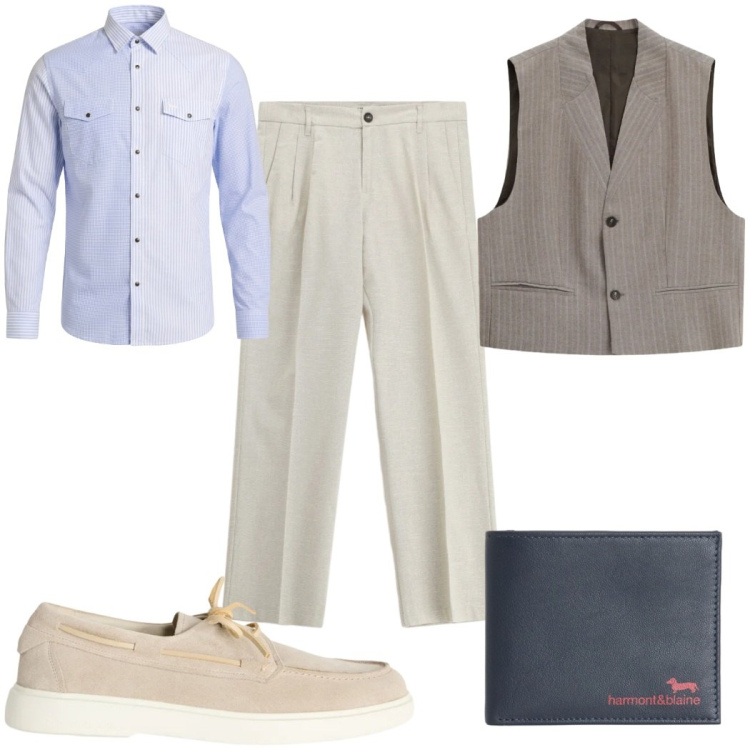 Outfit uomo - Total look #2346805. Stile Casual per Ufficio. Abbinamento con scarpe stringate, camicie, portafogli, gilet, pantaloni.