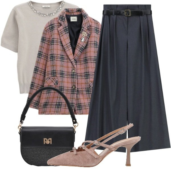 Outfit donna - D\'altri tempi. Stile Preppy per Tutti i giorni. Abbinamento con décolleté, pantaloni a palazzo, maglieria, blazer, borse a spalla.
