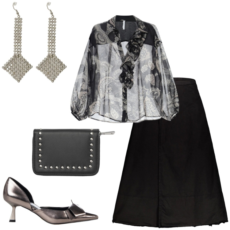 Outfit donna - Total look #2346814. Stile Glamour per Serata fuori. Abbinamento con portafogli, camicie, orecchini, décolleté, gonne lunghe.