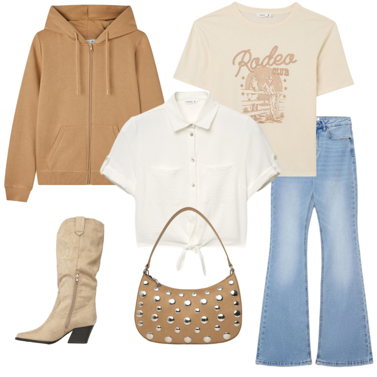 Outfit donna - Country a primavera. Stile Etnico per Tutti i giorni. Abbinamento con felpe con cappuccio, t-shirt, jeans a zampa, borse a tracolla, camicie a manica corta, stivali.