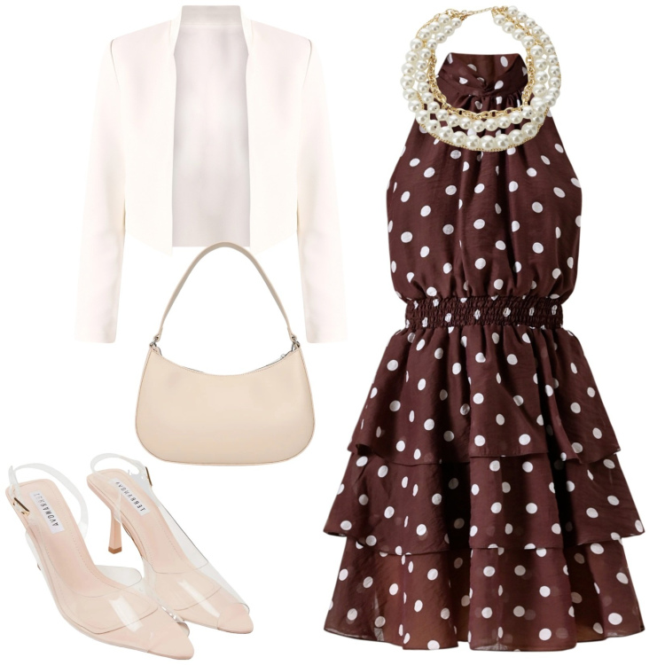 Outfit donna - Total look #2346822. Stile Glamour per Cerimonia. Abbinamento con sandali col tacco, borse a tracolla, collane, bolero, vestiti senza maniche.