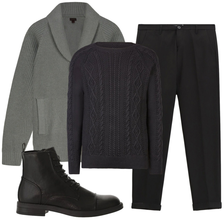 Outfit uomo - Total look #2346824. Stile Casual per Ufficio. Abbinamento con pantaloni, anfibi, maglieria, cardigans.