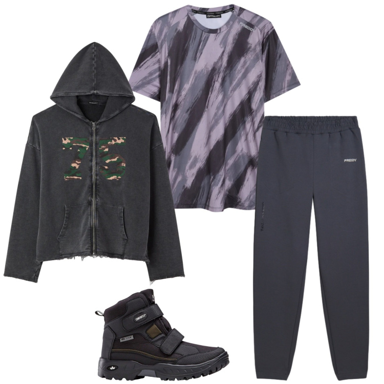 Outfit uomo - Total look #2346825. Stile Urban per Sport. Abbinamento con stivali e stivaletti, pantaloni, t-shirt, felpe con cappuccio.