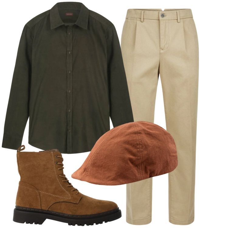 Outfit uomo - Total look #2346832. Stile Business/Elegante per Ufficio. Abbinamento con anfibi, pantaloni, cappelli con visiera, camicie.