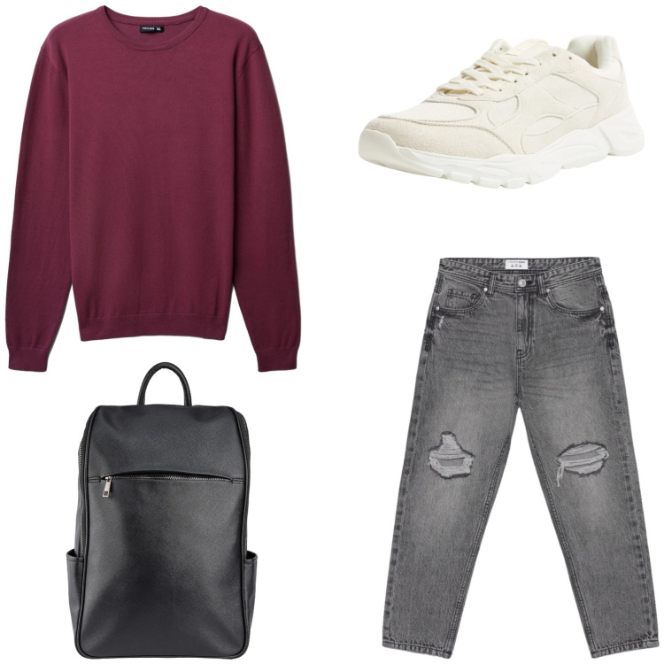 Outfit uomo - Rientro a casa. Stile Casual per Tutti i giorni. Abbinamento con sneakers, maglieria, jeans strappati, borse sportive.