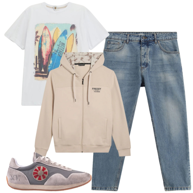 Outfit uomo - Total look #2346839. Stile Casual per Tutti i giorni. Abbinamento con jeans, t-shirt, felpe con cappuccio, sneakers.