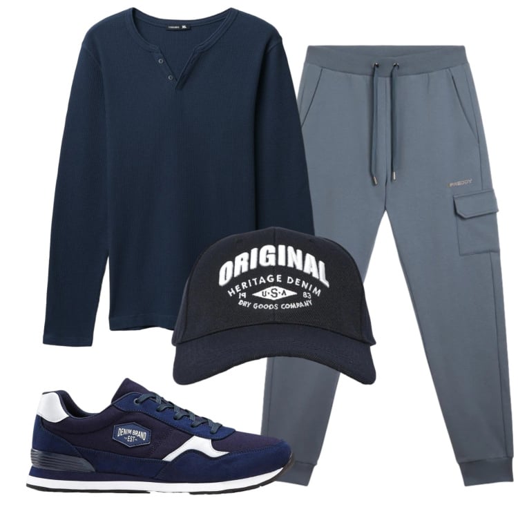Outfit uomo - Total look #2346843. Stile Casual per Tutti i giorni. Abbinamento con sneakers, t-shirt, cappelli con visiera, pantaloni cargo.