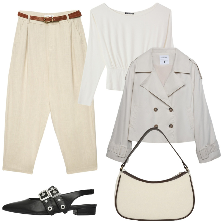 Outfit donna - Terranova - Spring Starts Here. Stile Casual chic per Tutti i giorni. Abbinamento con pantaloni chino, caban, ballerine, borse a tracolla, t-shirt.