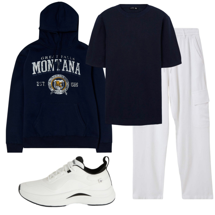 Outfit uomo - Total look #2346855. Stile Casual per Sport. Abbinamento con sneakers, felpe sportive, pantaloni cargo, t-shirt.