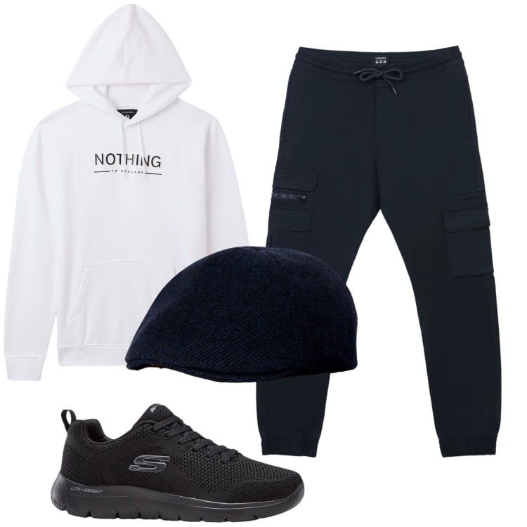 Outfit uomo - Total look #2346856. Stile Casual per Tutti i giorni. Abbinamento con sneakers, felpe con cappuccio, pantaloni cargo, cappelli con visiera.