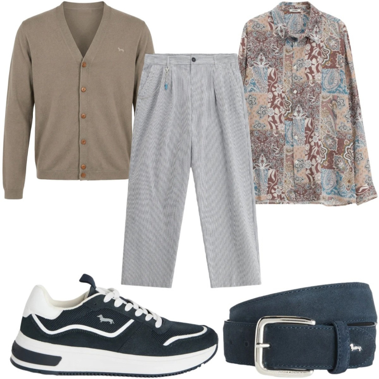 Outfit uomo - Total look #2346863. Stile Trendy per Tutti i giorni. Abbinamento con cinture, cardigans, sneakers, pantaloni, camicie.