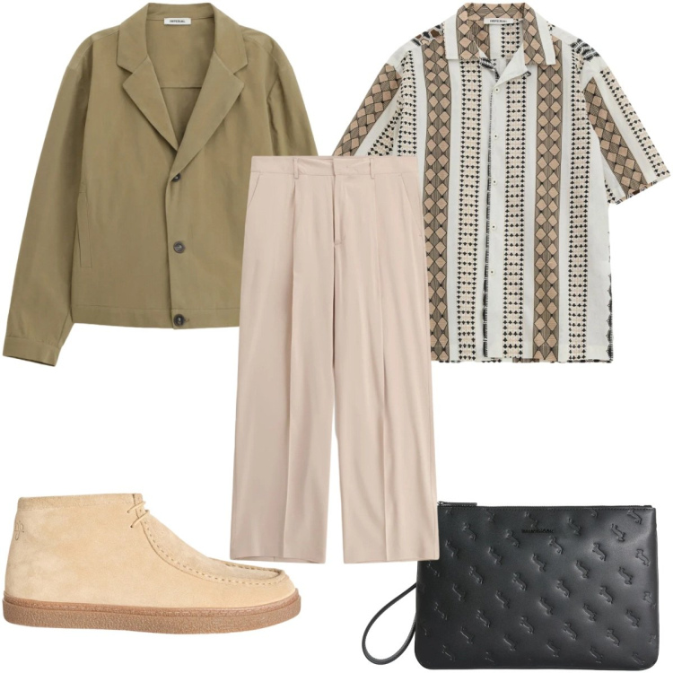 Outfit uomo - Total look #2346868. Stile Trendy per Tutti i giorni. Abbinamento con stivali e stivaletti, borse sportive, giacche, pantaloni, camicie a manica corta.