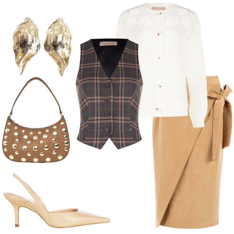 Outfit donna - Prima ufficio poi vado a cena. Stile Chic per Ufficio. Abbinamento con borse a tracolla, orecchini, décolleté, gonne longuette, cardigans, gilet.