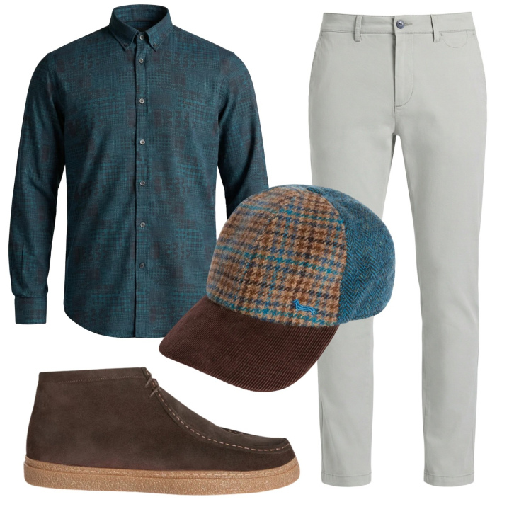 Outfit uomo - Total look #2346873. Stile Trendy per Ufficio. Abbinamento con cappelli con visiera, stivali e stivaletti, camicie, pantaloni chino.