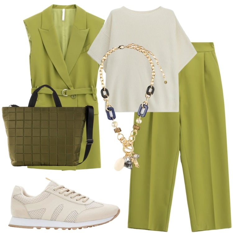 Outfit donna - Verde risveglio di primavera. Stile Casual chic per Tutti i giorni. Abbinamento con sneakers, shopping bag, collane, pantaloni, gilet, maglieria.