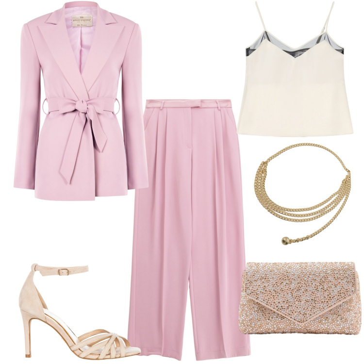 Outfit donna - Total look #2346877. Stile Chic per Cerimonia. Abbinamento con top, pantaloni, collane, pochette, blazer, sandali col tacco.