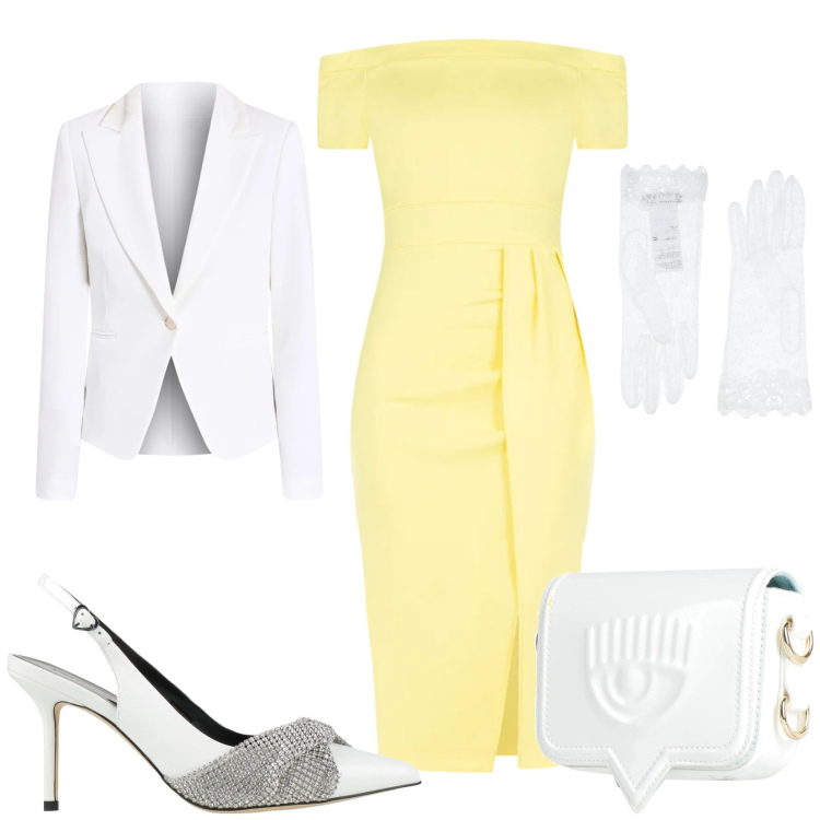 Outfit donna - Total look #2346880. Stile Glamour per Cerimonia. Abbinamento con décolleté, guanti, marsupi, vestiti asimmetrici, blazer.