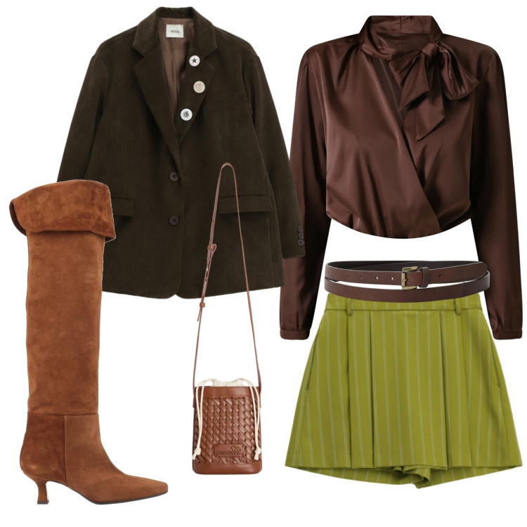 Outfit donna - Che gambe!. Stile Trendy per Serata fuori. Abbinamento con stivali, borse a secchiello, shorts, cinture, blazer, body.