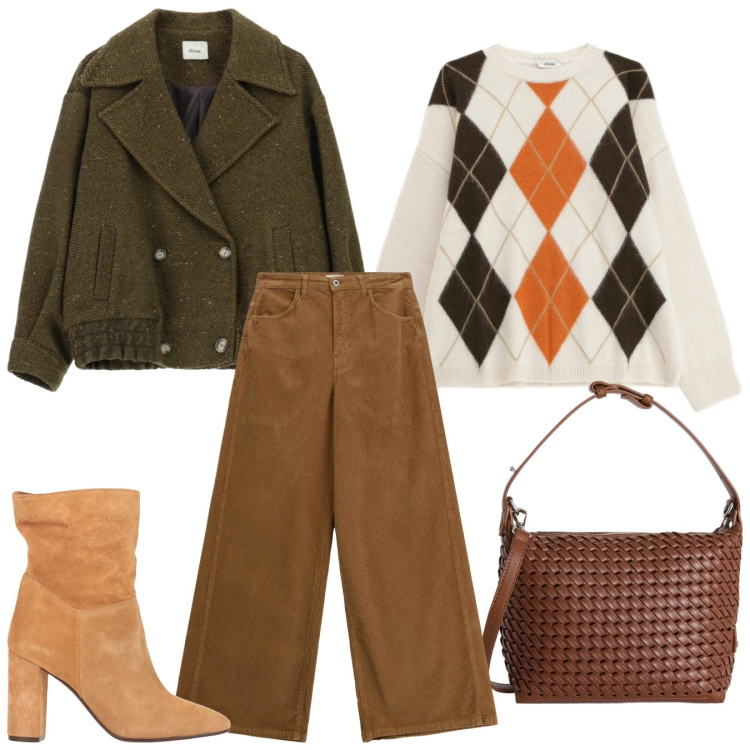 Outfit donna - Molto Urban Contempory. Stile Urban per Tutti i giorni. Abbinamento con stivaletti, borse a spalla, pantaloni a palazzo, maglieria, cappotti.