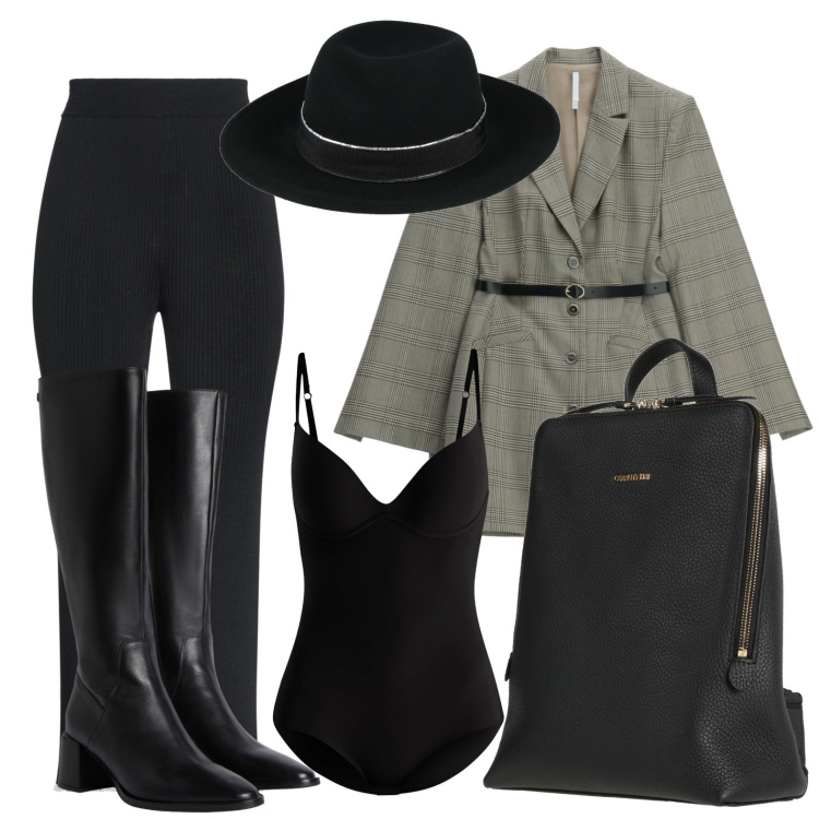 Outfit donna - Minimal chic. Stile Chic per Tutti i giorni. Abbinamento con zaini, pantaloni, cappelli, stivali sopra il ginocchio, vestiti corti, body.