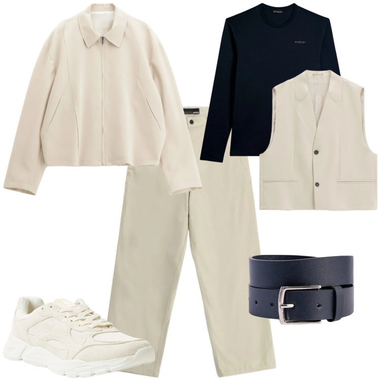 Outfit uomo - Trendy ufficio tempo libero. Stile Trendy per Tutti i giorni. Abbinamento con cappotti, gilet, pantaloni, sneakers, t-shirt, cinture.