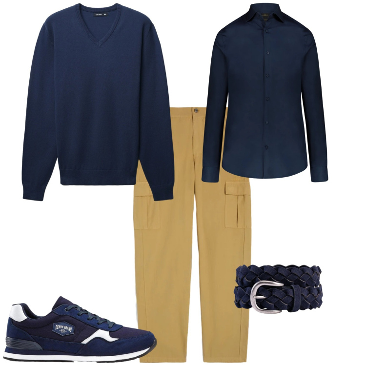 Outfit uomo - Trendy ufficio tempo libero. Stile Trendy per Tutti i giorni. Abbinamento con sneakers, maglieria, pantaloni cargo, camicie, cinture.
