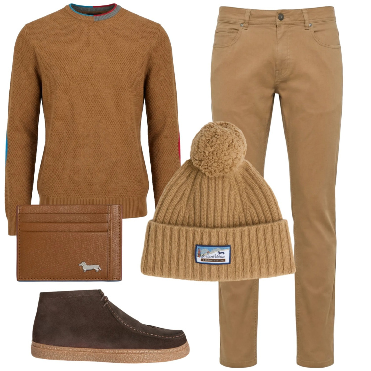 Outfit uomo - Total look #2346918. Stile Casual per Ufficio. Abbinamento con berretti, pantaloni, stivali e stivaletti, maglieria, portafogli.