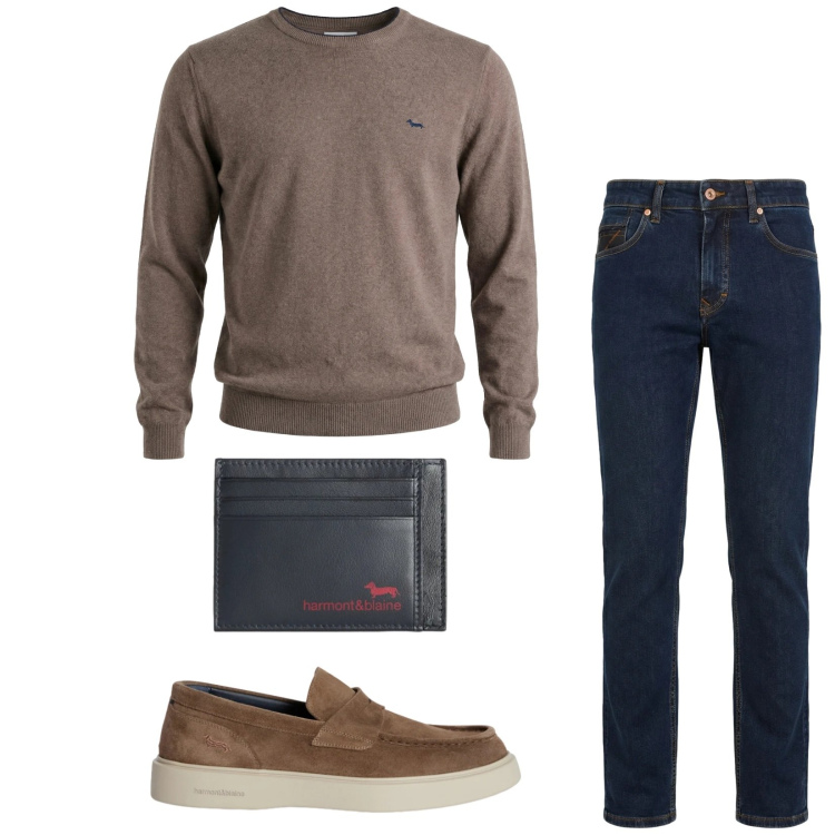 Outfit uomo - Total look #2346923. Stile Trendy per Tutti i giorni. Abbinamento con pullovers, scarpe stringate, jeans, portafogli.