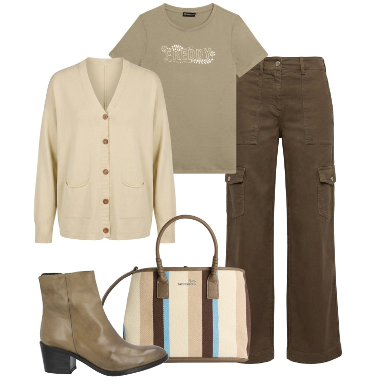 Outfit donna - Comoda con stile. Stile Sporty chic per Tutti i giorni. Abbinamento con stivaletti, pantaloni cargo, shopping bag, cardigans, t-shirt.