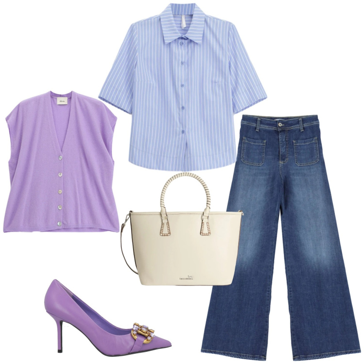 Outfit donna - Total look #2346926. Stile Chic per Ufficio. Abbinamento con décolleté, shopping bag, camicie a manica corta, gilet, jeans.