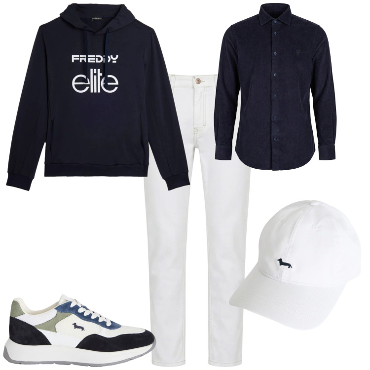 Outfit uomo - Trendy ufficio tempo libero. Stile Trendy per Tutti i giorni. Abbinamento con cappelli, sneakers, jeans, camicie, felpe con cappuccio.