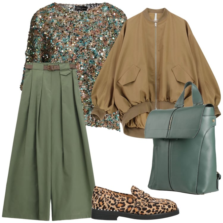 Outfit donna - Look. Stile Casual per Tutti i giorni. Abbinamento con pullovers, zaini, mocassini, bomber, pantaloni a palazzo.