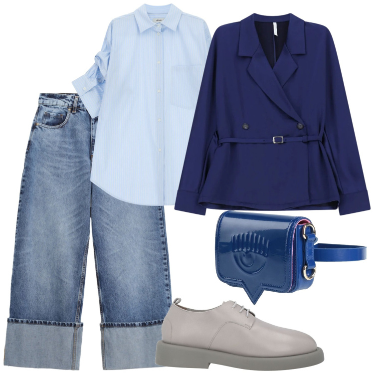 Outfit donna - Vestiti di blu. Stile Casual per Tutti i giorni. Abbinamento con scarpe stringate, marsupi, blazer, jeans, camicie.